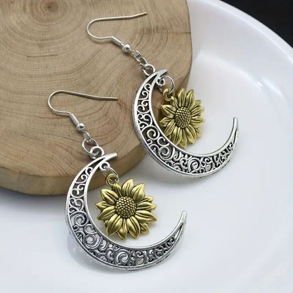 New - Crescent Moon and Sunflower Boho Drop Earrings - Picture 4 of 5